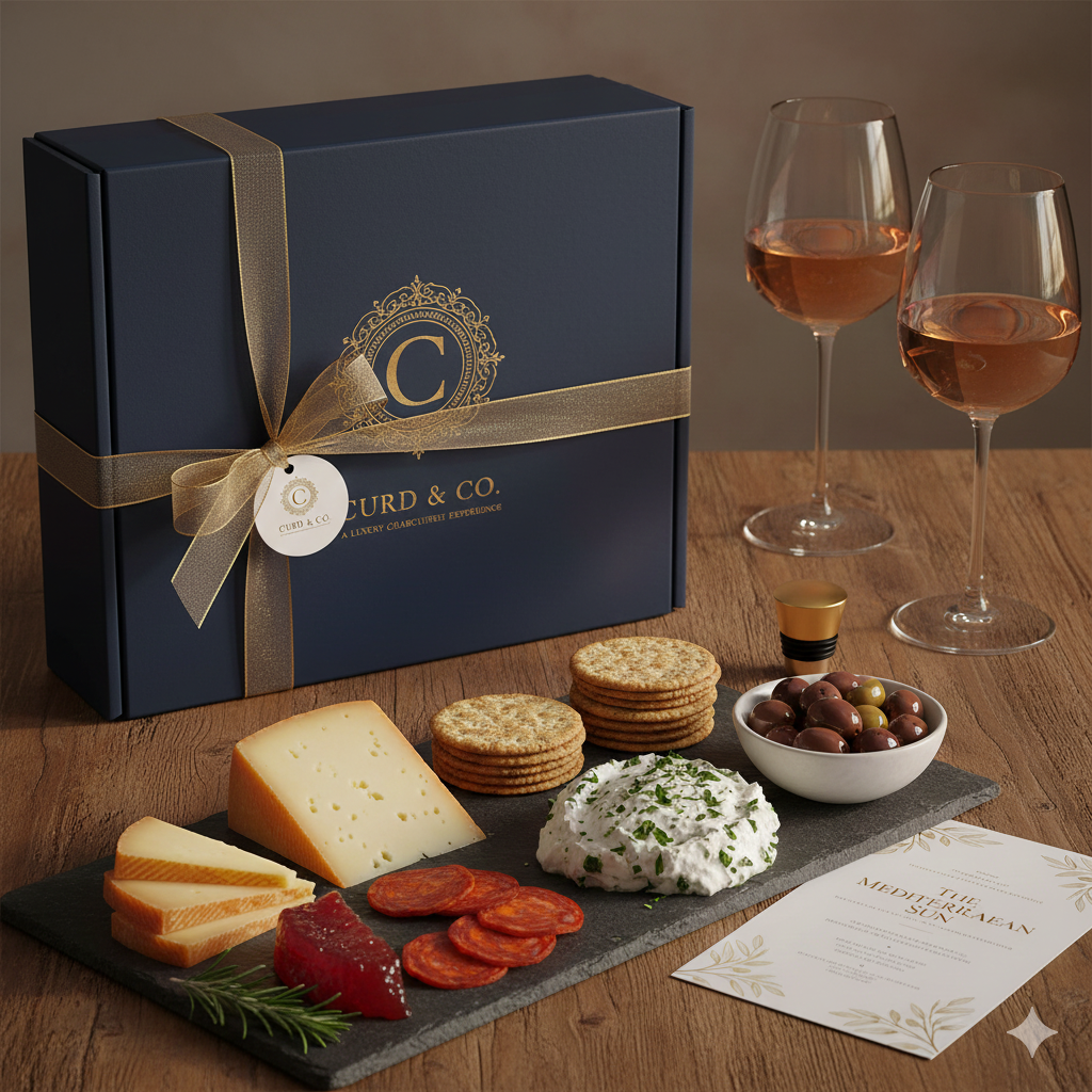Mediterranean board with wine and Curd & Co. gift box