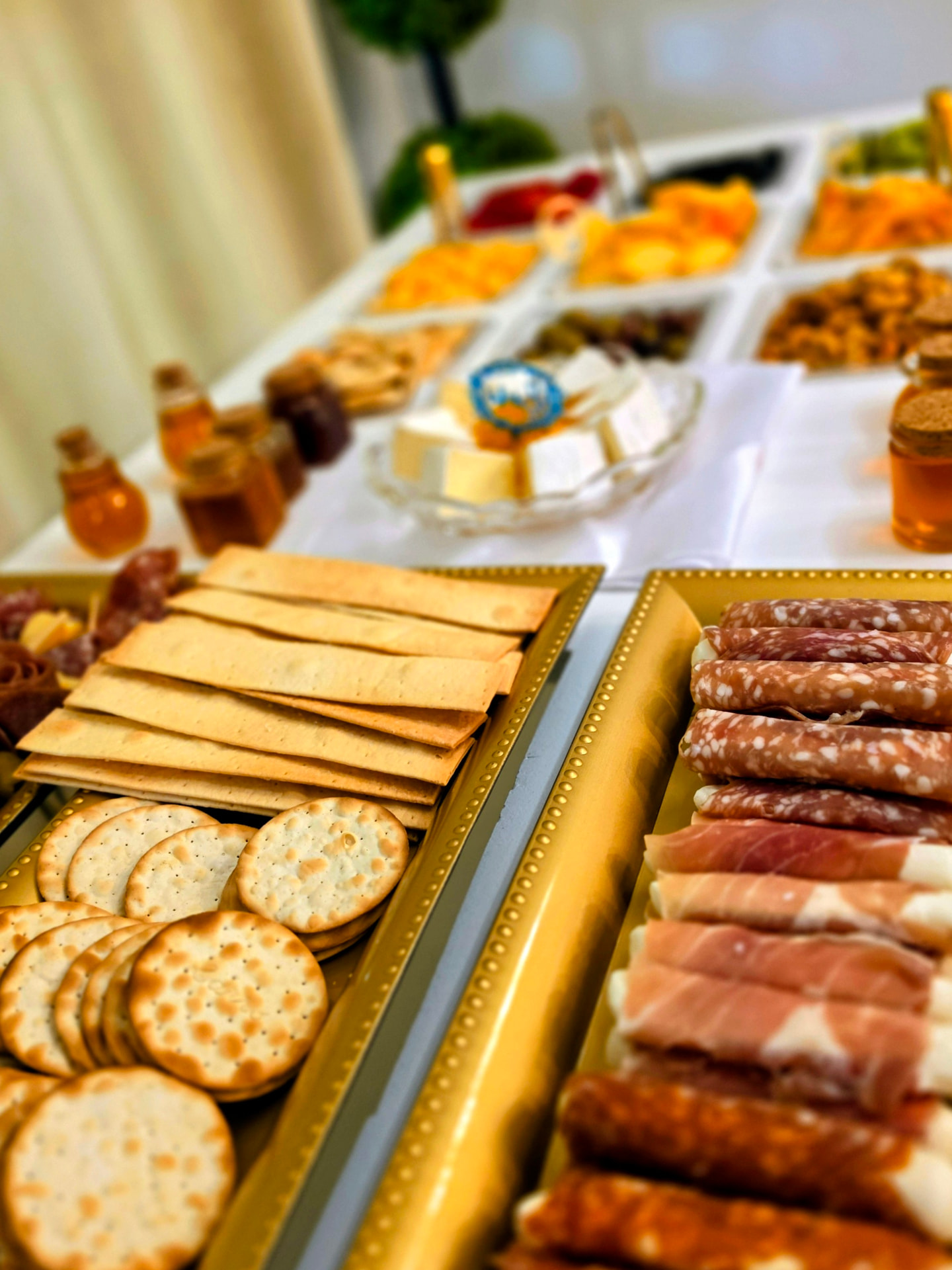 Gold trays of prosciutto and salami alongside crackers and flatbread
