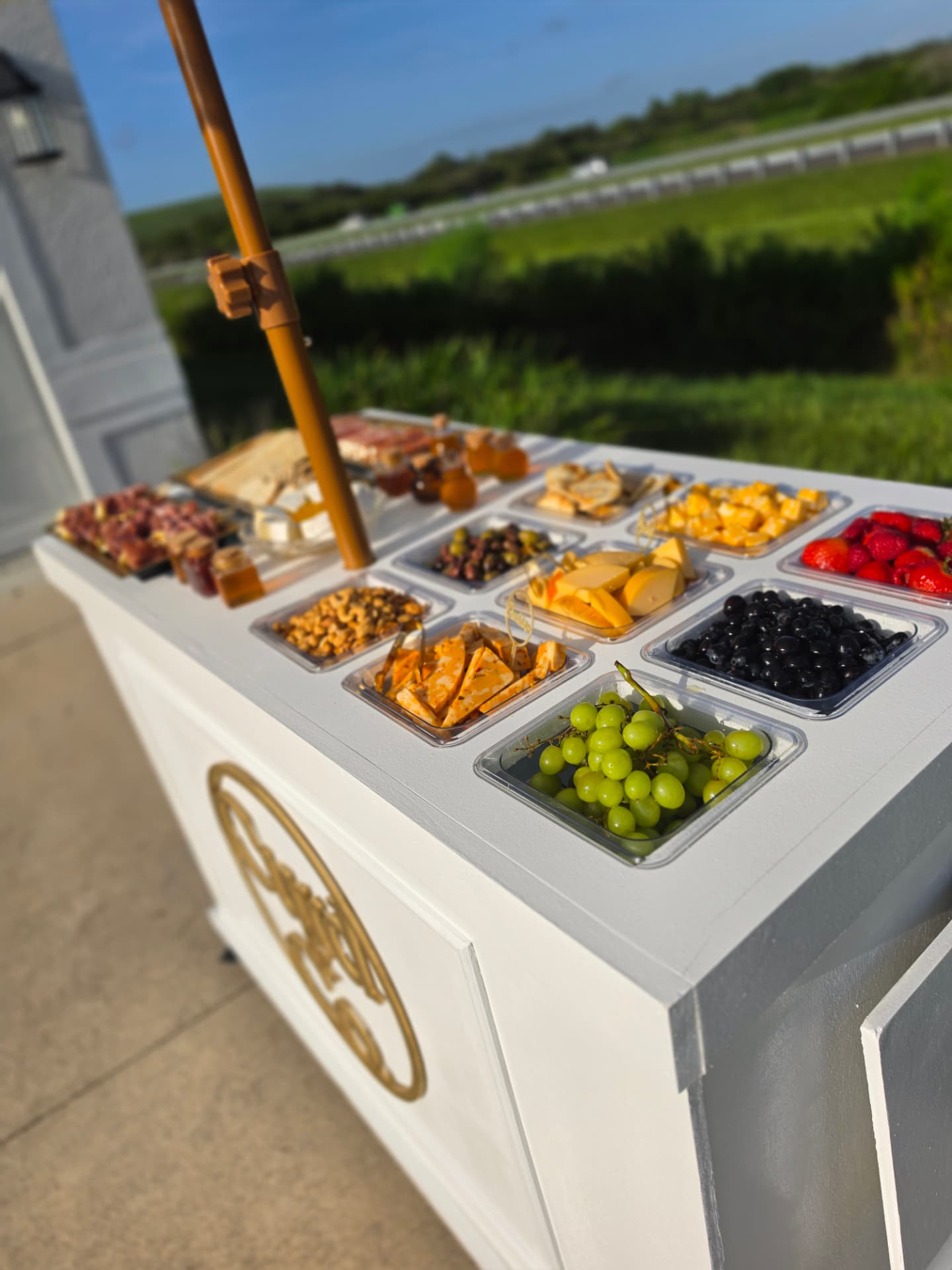 Close view of the mobile bar top with trays of fruit, cheeses, olives and nuts