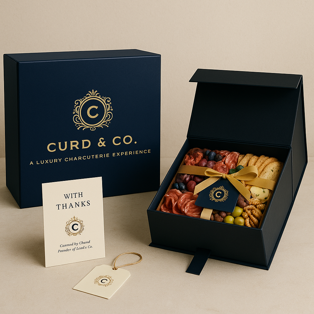 Curd & Co. signature navy gift box with thank-you card